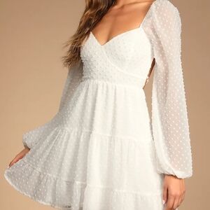 White Swiss Dot Long Sleeve Sweetheart Dress
